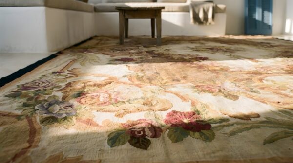 Antique aubusson french floral, medallion flat weave rug 10 Antique aubusson french floral, medallion flat weave rug (sku 24146) - in-room detail