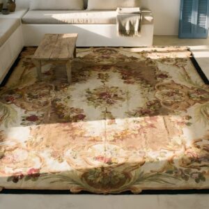 Antique Aubusson French Floral, Medallion Flat Weave Rug (SKU 24146) - styled overhead view