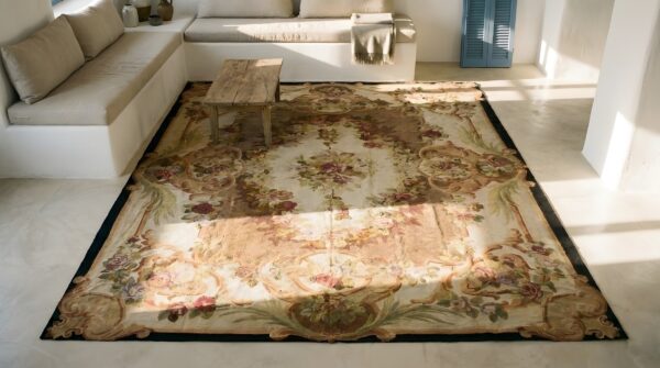 Antique aubusson french floral, medallion flat weave rug 2 Antique aubusson french floral, medallion flat weave rug (sku 24146) - styled overhead view