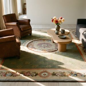 Antique Aubusson French Medallion Flat Weave Rug (SKU 23963) - styled overhead view