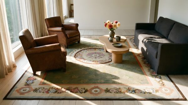 Antique aubusson french medallion flat weave rug (sku 23963) - styled overhead view