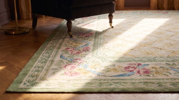 Antique aubusson hallway runner wool ivory rug 9 Antique aubusson hallway runner wool ivory rug (sku 25259) - in-room detail