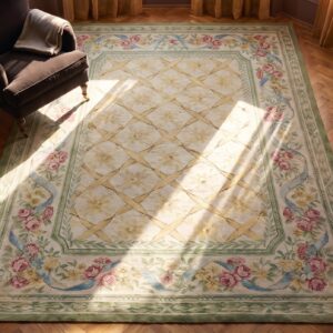 Antique Aubusson Hallway Runner Wool Ivory Rug (SKU 25259) - styled overhead view
