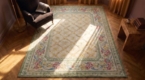 Antique aubusson hallway runner wool ivory rug 2 Antique aubusson hallway runner wool ivory rug (sku 25259) - styled overhead view