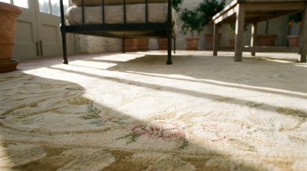 Antique aubusson large room size wool ivory rug 11 Antique aubusson large room size wool ivory rug (sku 24958) - in-room detail