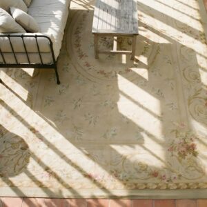 Antique Aubusson Large Room Size Wool Ivory Rug (SKU 24958) - styled overhead view