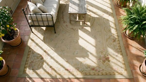 Antique aubusson large room size wool ivory rug 2 Antique aubusson large room size wool ivory rug (sku 24958) - styled overhead view