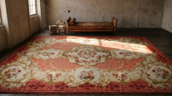 Antique aubusson oversized large oversized big rug wool coral 7 Antique aubusson oversized large oversized big rug wool coral (sku 21162) - room view