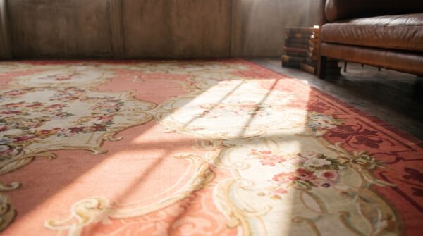 Antique aubusson oversized large oversized big rug wool coral 8 Antique aubusson oversized large oversized big rug wool coral (sku 21162) - in-room detail