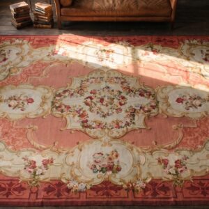 Antique Aubusson Oversized Large Oversized Big Rug Wool Coral (SKU 21162) - styled overhead view