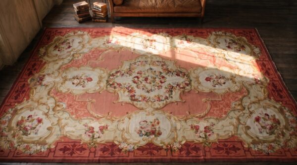 Antique aubusson oversized large oversized big rug wool coral 2 Antique aubusson oversized large oversized big rug wool coral (sku 21162) - styled overhead view