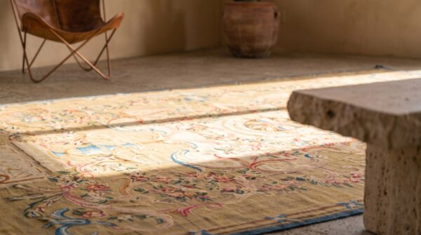 Antique aubusson oversized large oversized big rug wool green 7 Antique aubusson oversized large oversized big rug wool green (sku 18422) - in-room detail