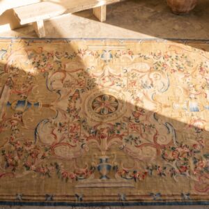 Antique Aubusson Oversized Large Oversized Big Rug Wool Green (SKU 18422) - styled overhead view