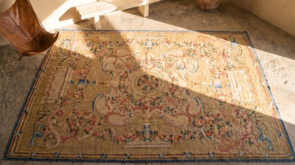 Antique aubusson oversized large oversized big rug wool green 2 Antique aubusson oversized large oversized big rug wool green (sku 18422) - styled overhead view