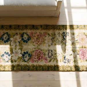 Antique Axminster English Floral Knotted Hallway Runner Rug (SKU 23826) - styled overhead view