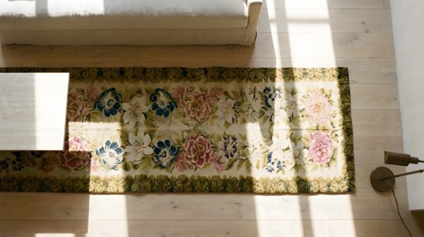 Antique axminster english floral knotted hallway runner rug 2 Antique axminster english floral knotted hallway runner rug (sku 23826) - styled overhead view
