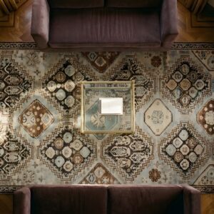 Antique Baku Caucasian Geometric Knotted Rug (SKU 23713) - styled overhead view