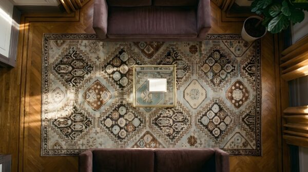 Antique baku caucasian geometric knotted rug 2 Antique baku caucasian geometric knotted rug (sku 23713) - styled overhead view
