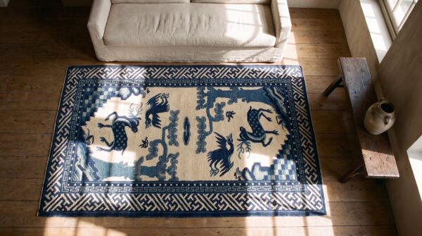 Antique baotou chinese allover beige, blue 1920s rug 2 Antique baotou chinese allover beige, blue 1920s rug (sku 24246) - styled overhead view