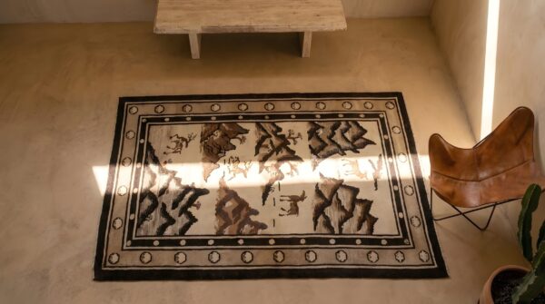 Antique baotou chinese floral hand knotted pile rug 2 Antique baotou chinese floral hand knotted pile rug (sku 21997) - styled overhead view