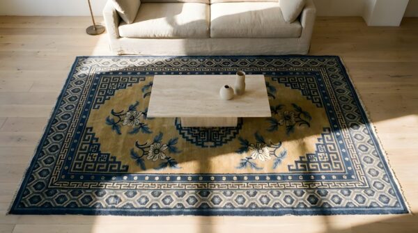 Antique baotou chinese medallion knotted rug 2 Antique baotou chinese medallion knotted rug (sku 24730) - styled overhead view
