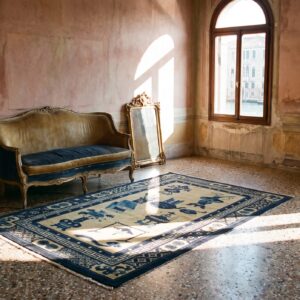 Antique Baotou Small Scatter Size Wool Blue Navy, Ivory Beige Cream White Rug (SKU 24683) - room view