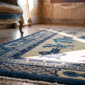 Antique Baotou Small Scatter Size Wool Blue Navy, Ivory Beige Cream White Rug (SKU 24683) - in-room detail