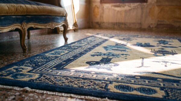 Antique baotou small scatter size wool blue navy, ivory beige cream white rug 11 Antique baotou small scatter size wool blue navy, ivory beige cream white rug (sku 24683) - in-room detail