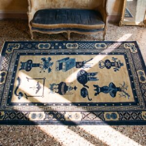 Antique Baotou Small Scatter Size Wool Blue Navy, Ivory Beige Cream White Rug (SKU 24683) - styled overhead view
