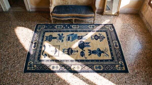 Antique baotou small scatter size wool blue navy, ivory beige cream white rug 2 Antique baotou small scatter size wool blue navy, ivory beige cream white rug (sku 24683) - styled overhead view