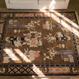 Antique Baotou Small Scatter Size Wool Brown Rug (SKU 22927) - styled overhead view