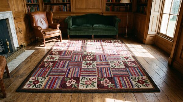 Antique basket weave and floral folk art pattern american hooked rug 8 Antique basket weave and floral folk art pattern american hooked rug (sku 20562) - room view