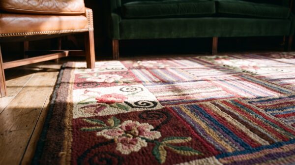 Antique basket weave and floral folk art pattern american hooked rug 9 Antique basket weave and floral folk art pattern american hooked rug (sku 20562) - in-room detail