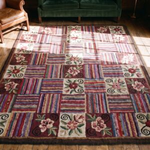 Antique Basket Weave And Floral Folk Art Pattern American Hooked Rug (SKU 20562) - styled overhead view
