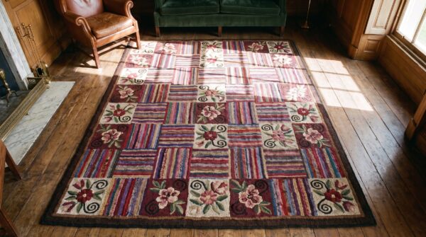 Antique basket weave and floral folk art pattern american hooked rug 2 Antique basket weave and floral folk art pattern american hooked rug (sku 20562) - styled overhead view