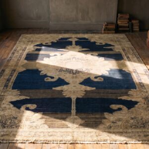 Beautiful Abrash Blue Antique Persian Tribal Malayer Rug (SKU 21561) - styled overhead view