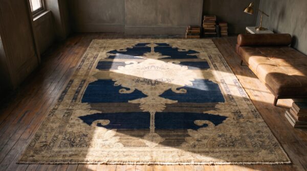Beautiful abrash blue antique persian tribal malayer rug 2 Beautiful abrash blue antique persian tribal malayer rug (sku 21561) - styled overhead view