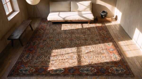 Beautiful allover geometric vase floral pattern antique persian bibikabad rug 2 Beautiful allover geometric vase floral pattern antique persian bibikabad rug (sku 24414) - styled overhead view