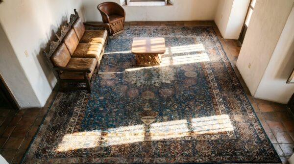 Beautiful ardabil design antique late 19th century indian agra gonbad rug (sku 23259) - styled overhead view