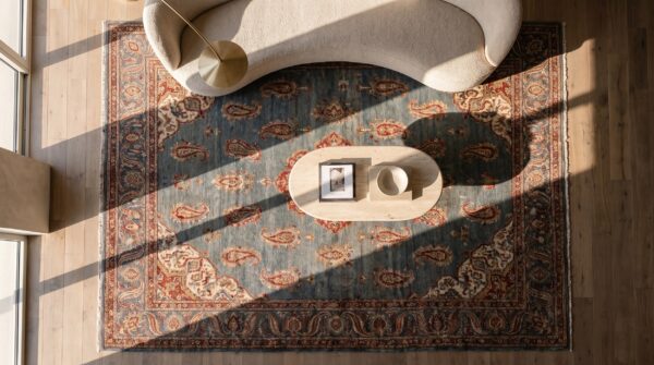 Beautiful room size allover design antique indian amritsar rug (sku 18601) - styled overhead view