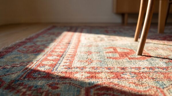 Beautiful seafoam green color tribal pattern antique cotton indian agra area rug 7 Beautiful seafoam green color tribal pattern antique cotton indian agra area rug (sku 21357) - in-room detail