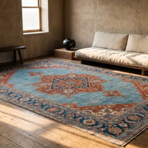 Beautiful Sky Blue Antique Persian Room Size Geometric Serapi Heriz Rug (SKU 21791) - room view