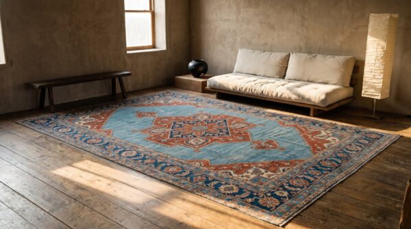 Beautiful sky blue antique persian room size geometric serapi heriz rug 8 Beautiful sky blue antique persian room size geometric serapi heriz rug (sku 21791) - room view
