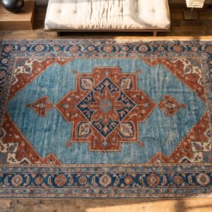 Beautiful Sky Blue Antique Persian Room Size Geometric Serapi Heriz Rug (SKU 21791) - styled overhead view