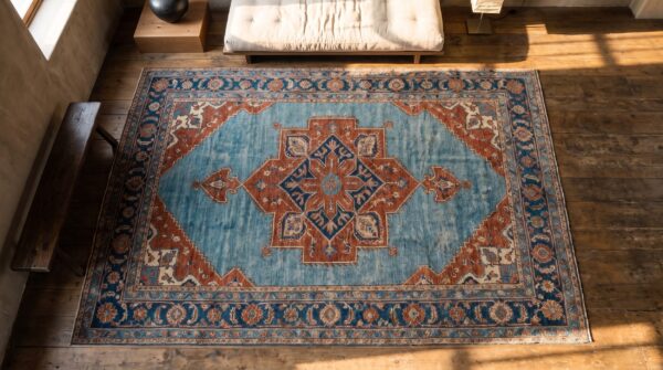 Beautiful sky blue antique persian room size geometric serapi heriz rug 2 Beautiful sky blue antique persian room size geometric serapi heriz rug (sku 21791) - styled overhead view