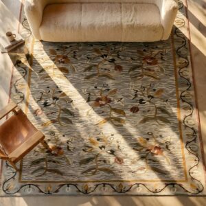 Beautiful Soft Gray Color Antique Allover Floral Flat Weave Bessarabian Rug (SKU 25394) - styled overhead view