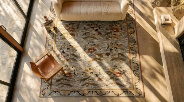 Beautiful soft gray color antique allover floral flat weave bessarabian rug 2 Beautiful soft gray color antique allover floral flat weave bessarabian rug (sku 25394) - styled overhead view