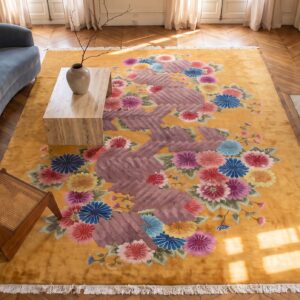 Beautiful Yellow Antique Geometric Floral Design Chinese Art Deco Rug (SKU 21017) - styled overhead view