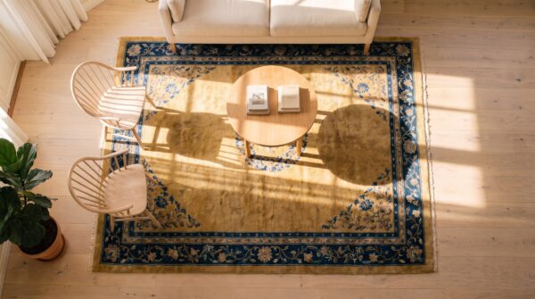 Antique wool beige hand knotted pile rug 2 Antique wool beige hand knotted pile rug (sku 24662) - styled overhead view