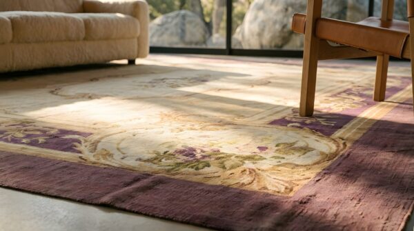 Beige field antique late 19th century french flatweave aubusson room size rug 8 Beige field antique late 19th century french flatweave aubusson room size rug (sku 23925) - in-room detail